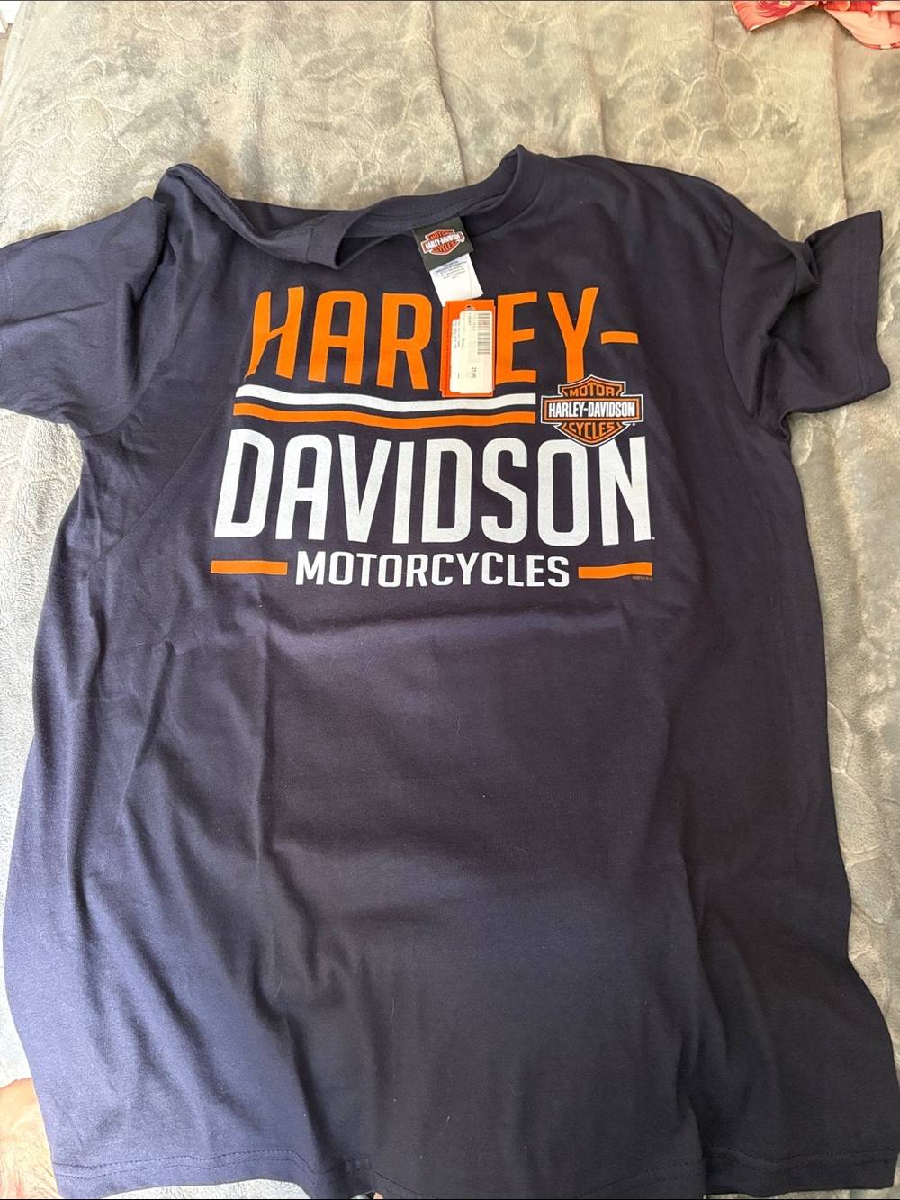 Harley-Davidson Navy Blue Short Sleeve Logo Tee with Orange & White Print